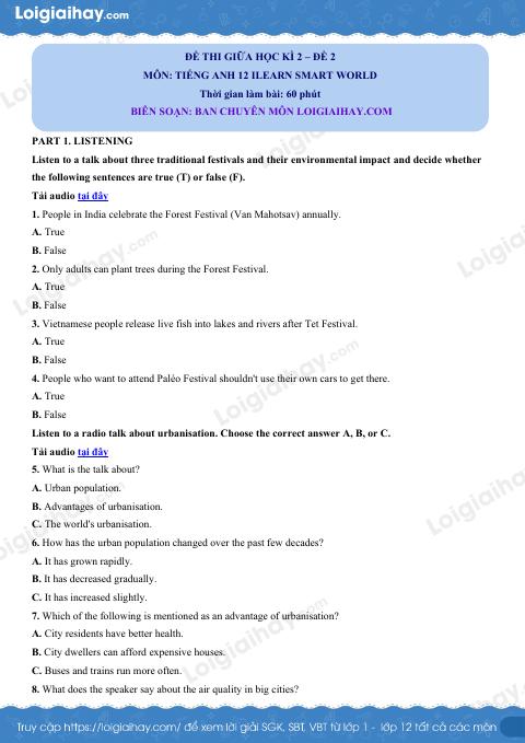 Đề thi giữa kì 2 Tiếng Anh 12 iLearn Smart World - Đề số 2